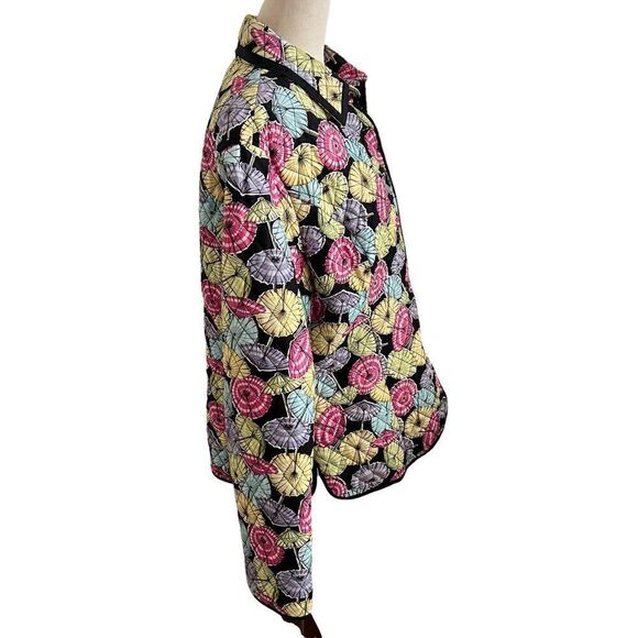 Vintage SilkLand Umbrella Print Silk Quilted Jacket w/ Clear Seed Beads XL - Picture 4 of 7